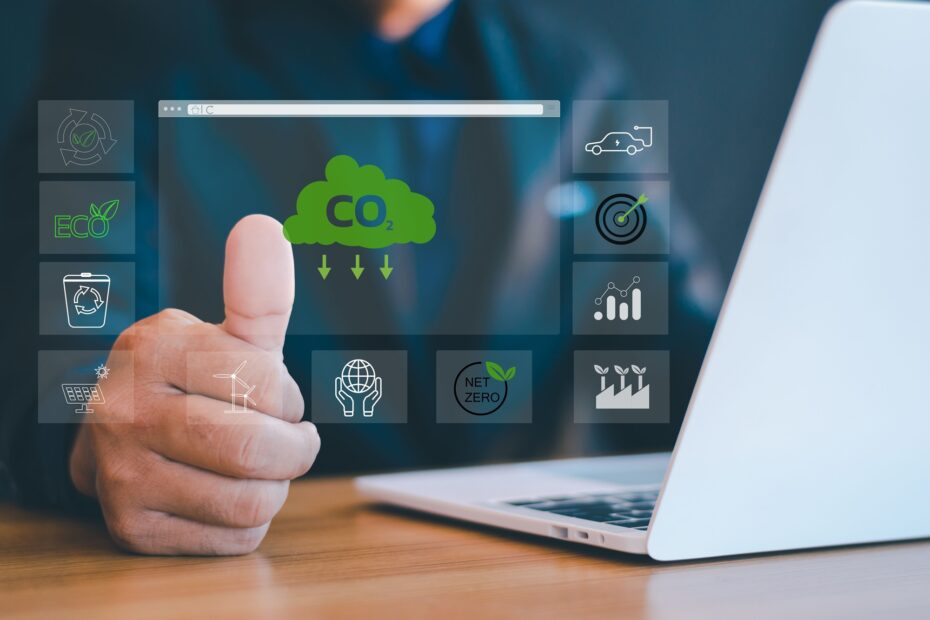 thumb up with sustainable pictures from laptop